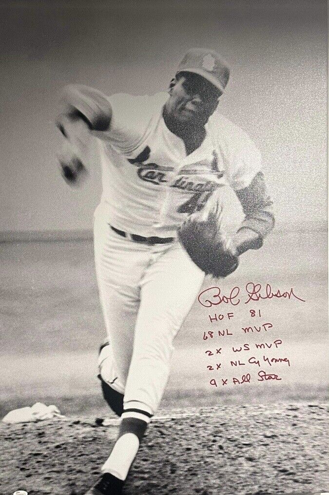 Bob Gibson HOF 81 MVP CY Signed Stat 24x36 Canvas JSA