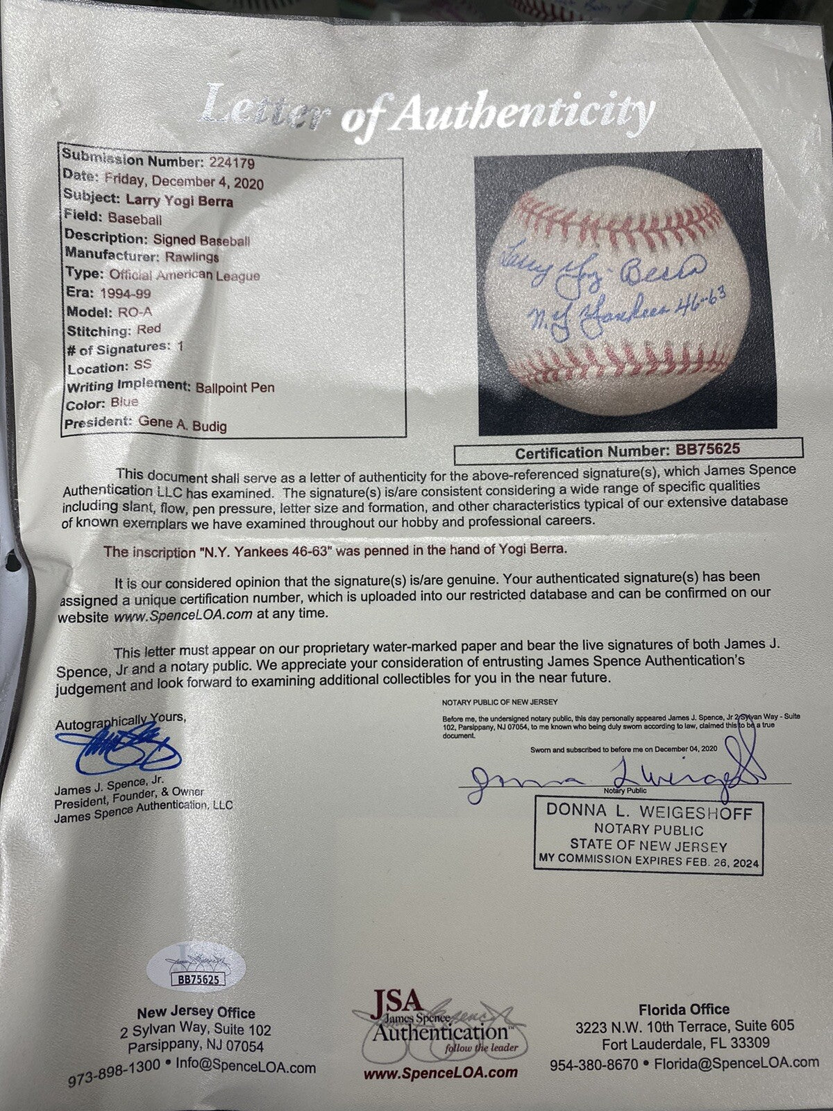 Larry Yogi Berra NY Yankees 46-63 Signed Baseball JSA LOA