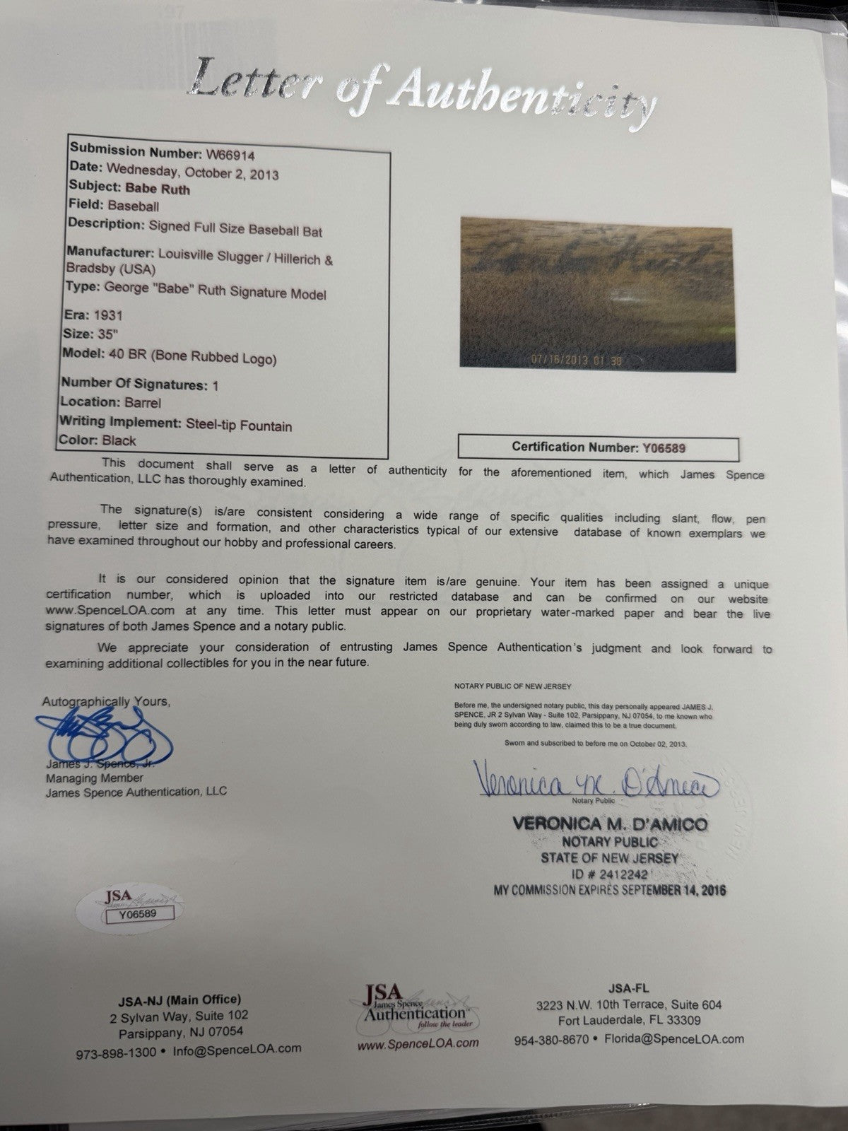 Babe Ruth Signed Full Size Louisville Slugger Store Model Bat JSA LOA