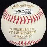 Skip Schumaker 11 WS Champs Signed 2011 World Series Logo Baseball JSA