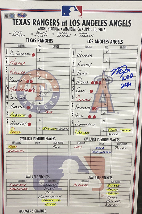 Mike Trout Game Used Signed Rangers @ Angels 4/10/16 Lineup Card MLB Holo