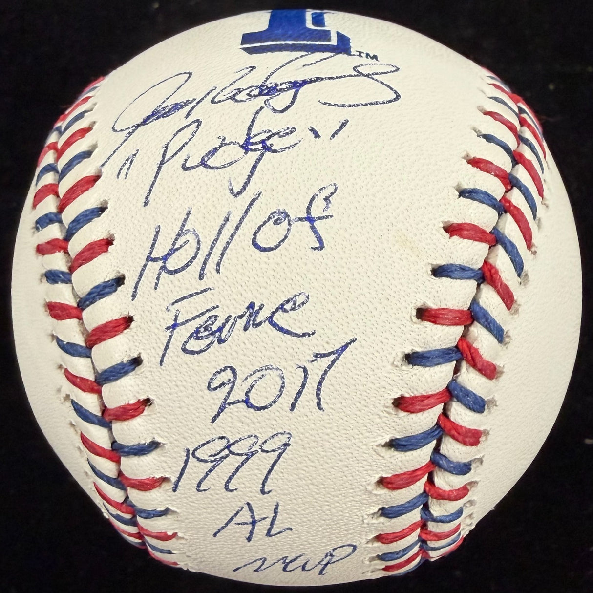 Ivan “Pudge” Rodriguez Signed Rangers Team Stitch Stat Baseball Beckett Witness 