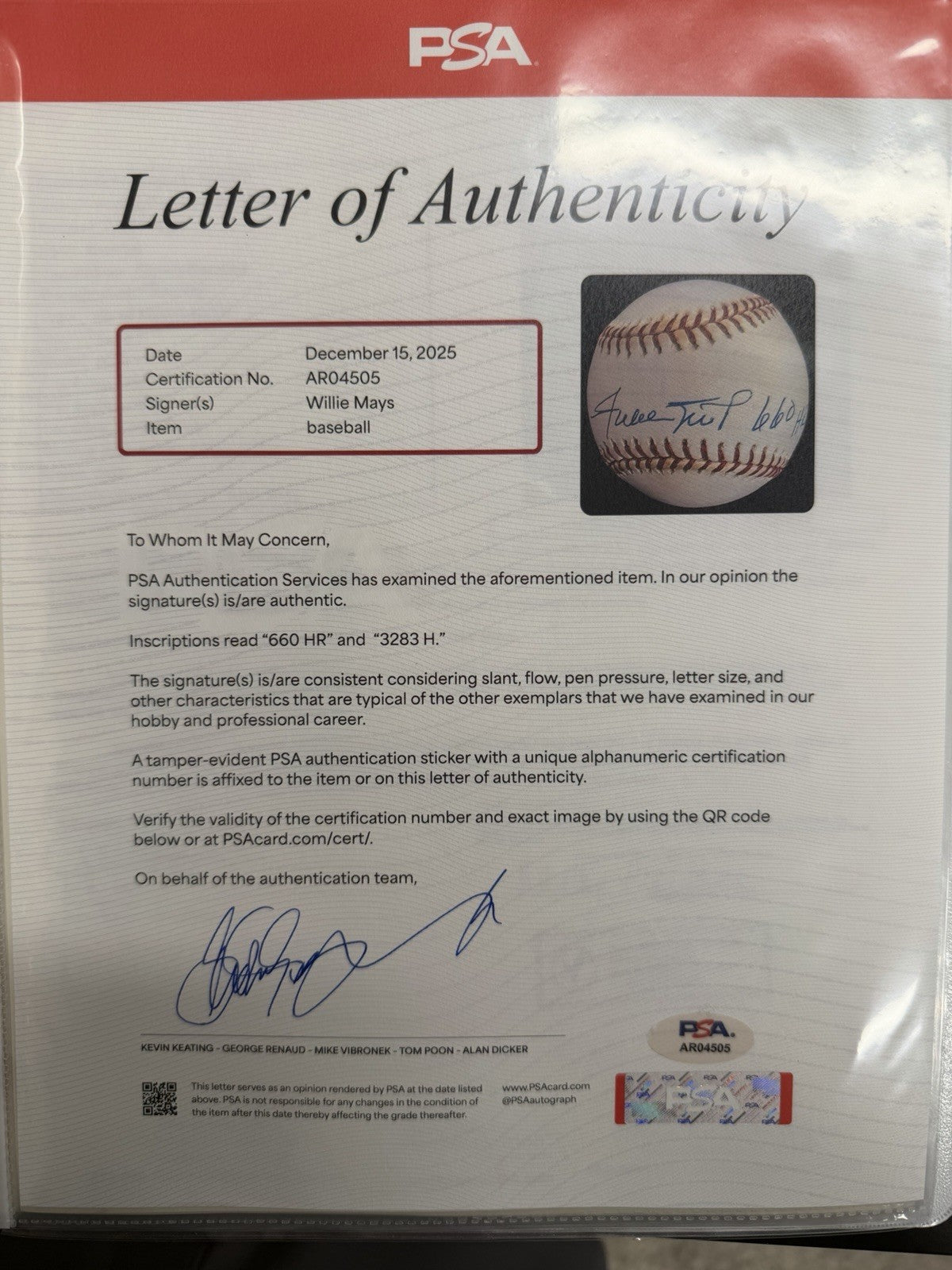 Willie Mays 660 HR 3293 H Signed Baseball PSA/DNA LOA