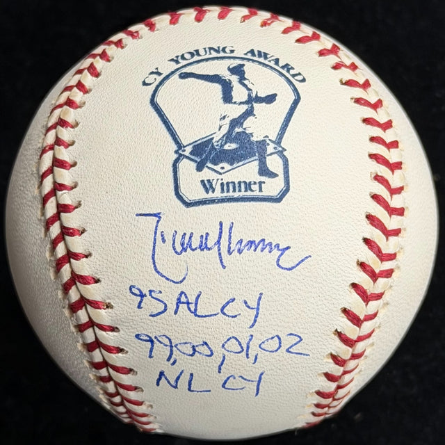 Randy Johnson 95 AL CY 99, 00, 01, 02 NL CY Signed Cy Young Logo Baseball JSA