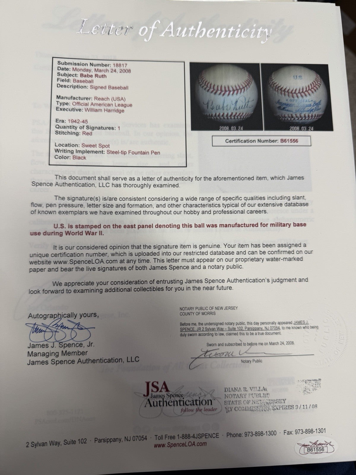 Babe Ruth Single Signed OAL Reach Harridge WW2 Baseball JSA PSA/DNA LOA