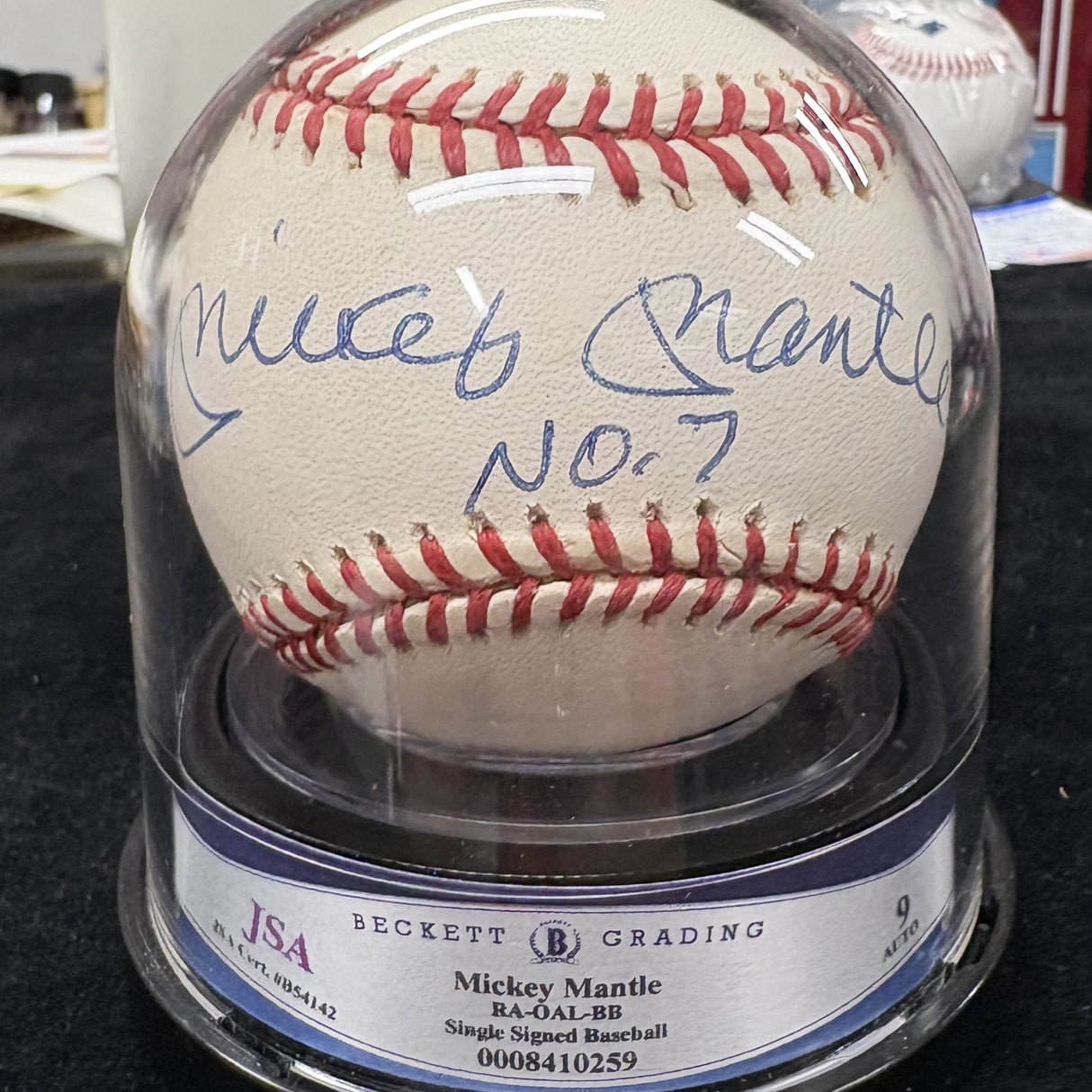 Mickey Mantle No. 7 Signed Baseball Beckett Encapsulated Graded 9