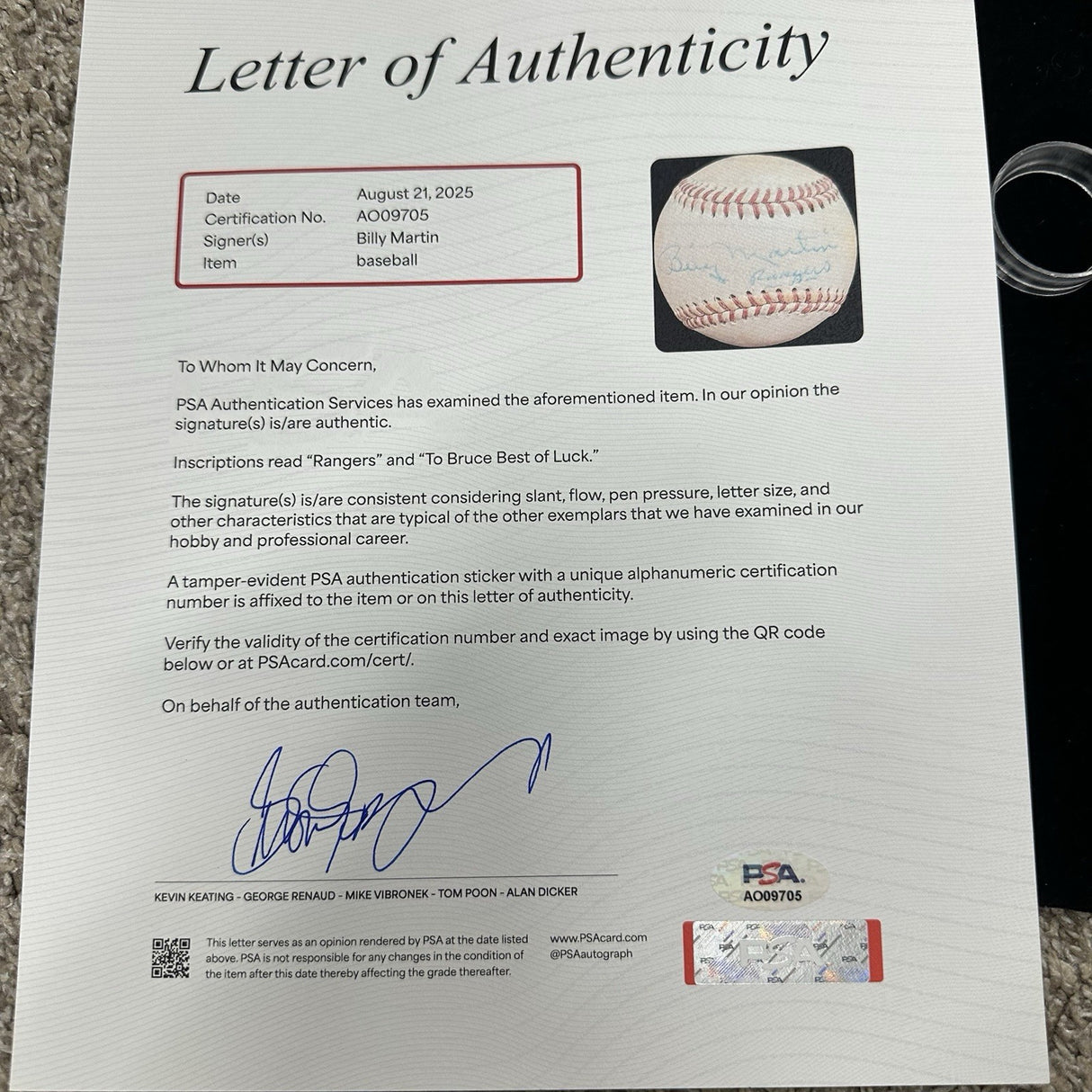 Billy Martin Rangers Personalized To Bruce Signed Baseball PSA/DNA LOA