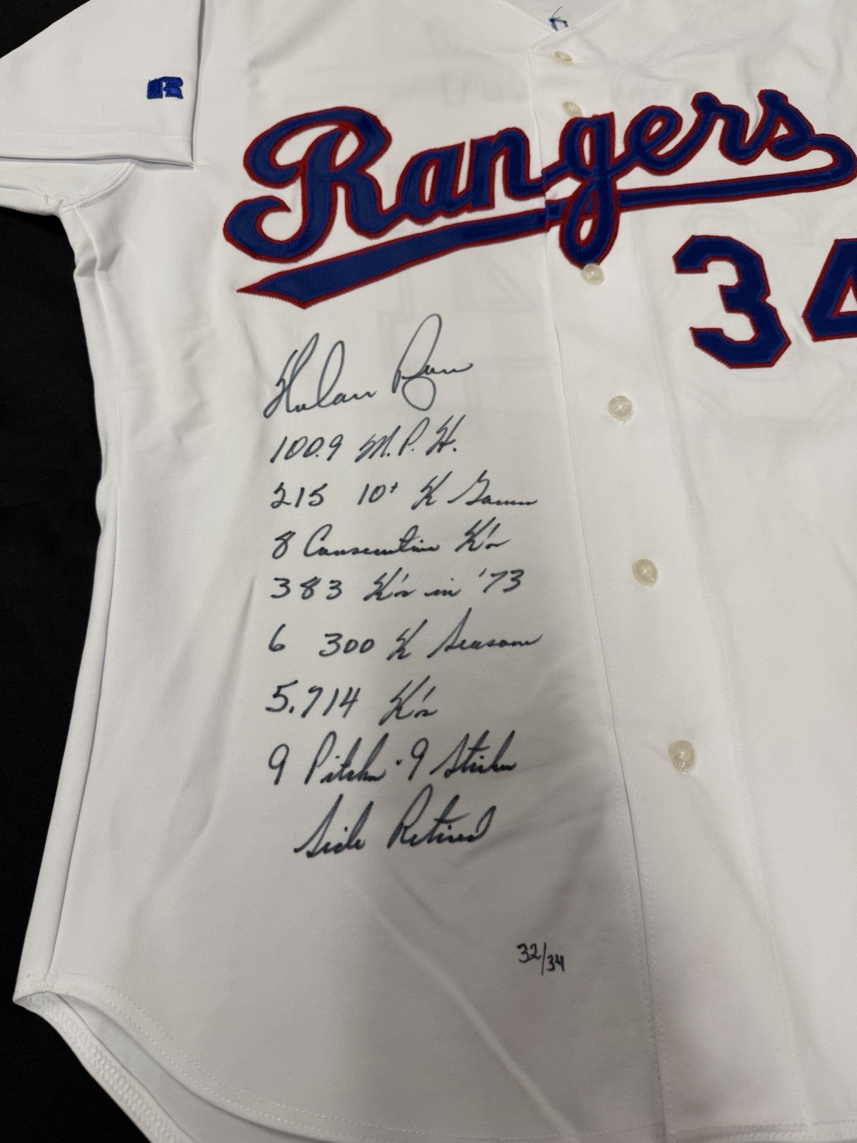 Nolan Ryan Signed Strikeout Stat Authentic Russell Rangers Jersey MLB Holo
