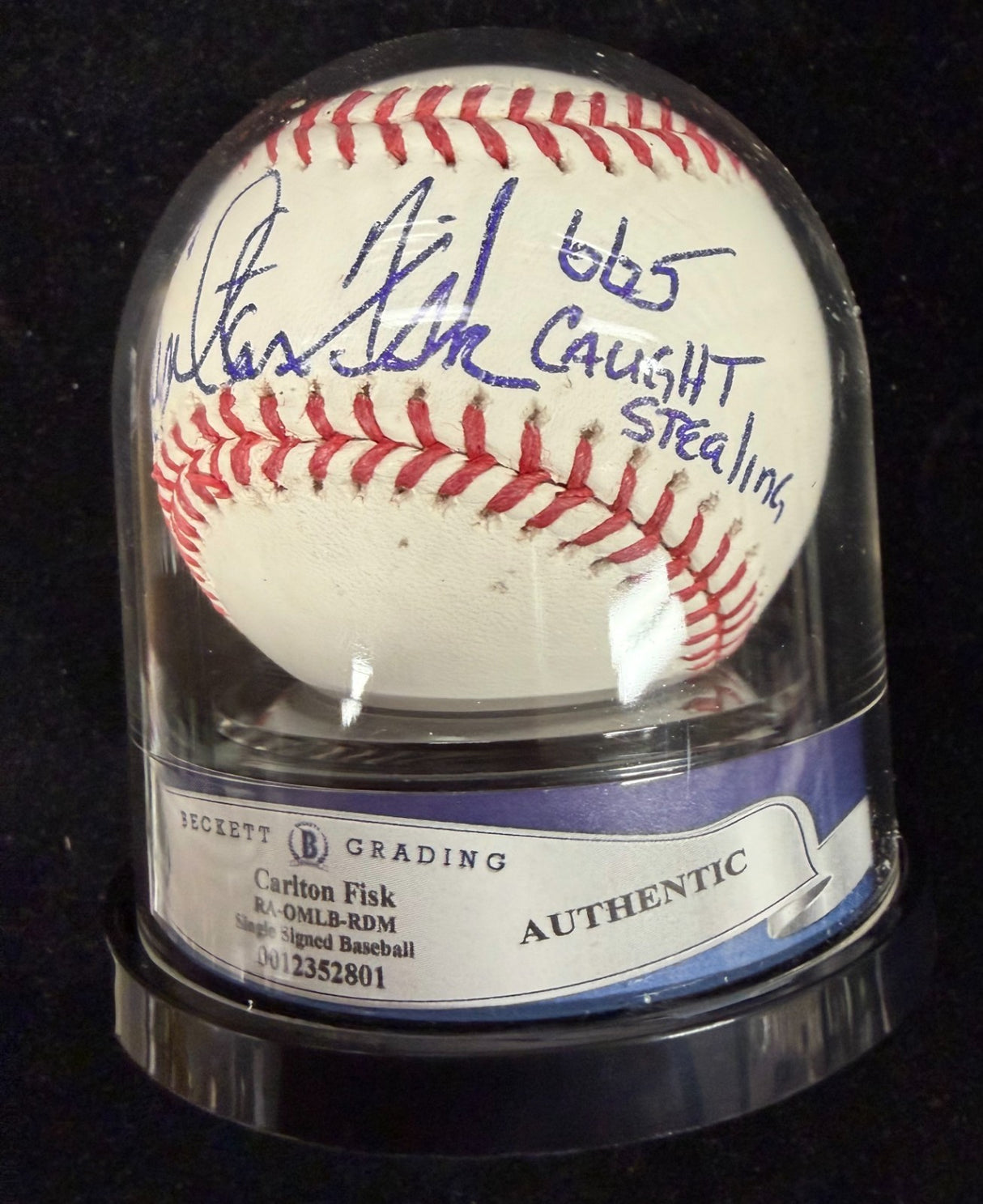 Carlton Fisk 665 Caught Stealing Signed Baseball Beckett Encapsulated BAS