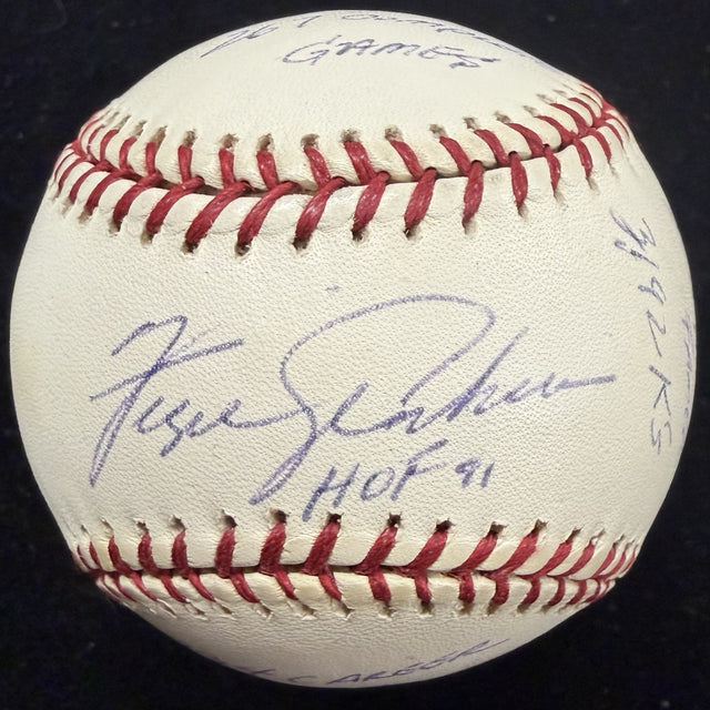 Fergie Jenkins Signed Reggie Jackson Stat Baseball Complete Box Bag Cert