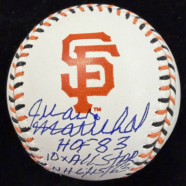 Juan Marichal HOF 83 Signed Giants Team Stitch Logo Baseball JSA Witness
