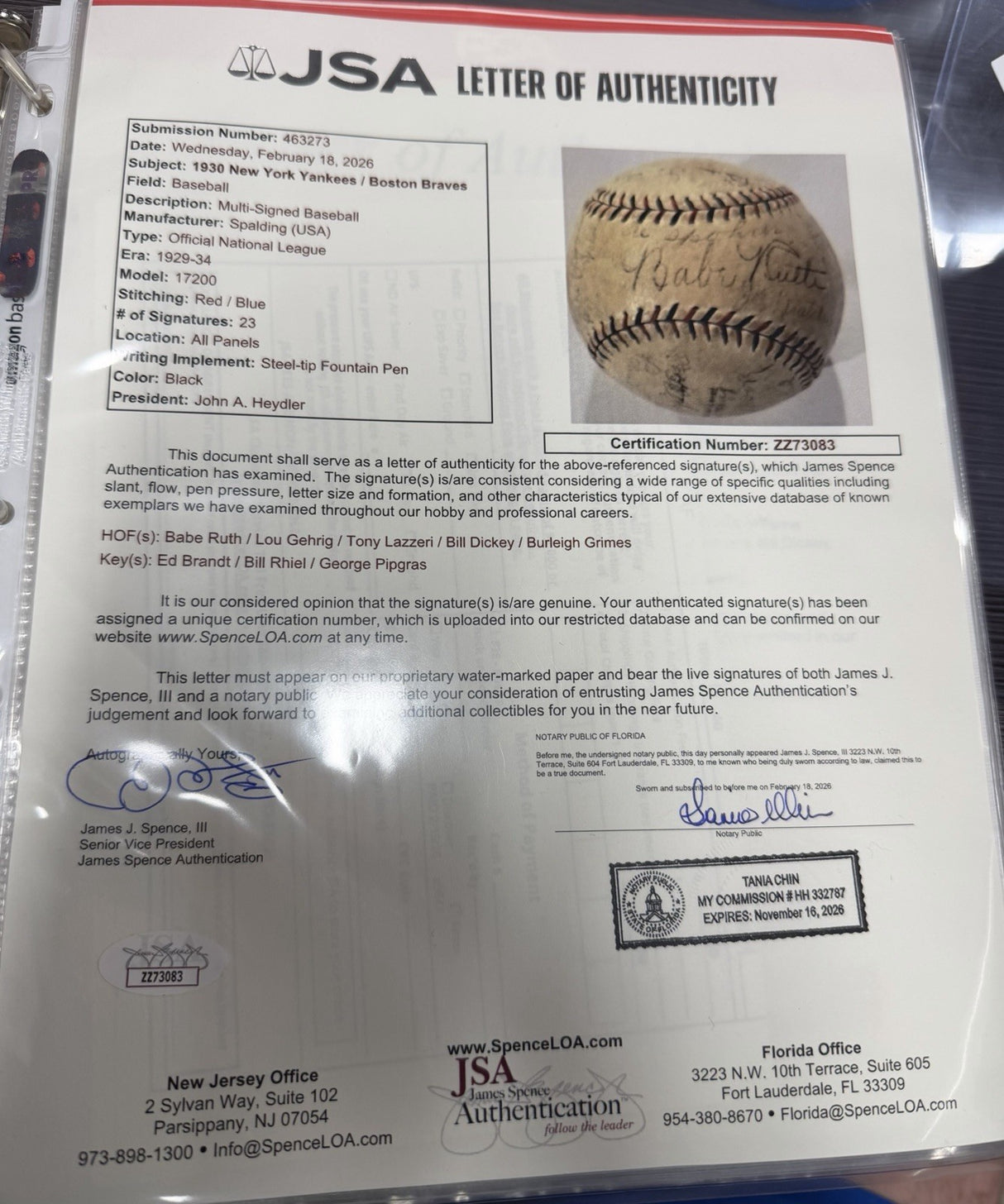 Babe Ruth Lou Gehrig Signed 1930 Yankees Braves Signed Baseball JSA LOA