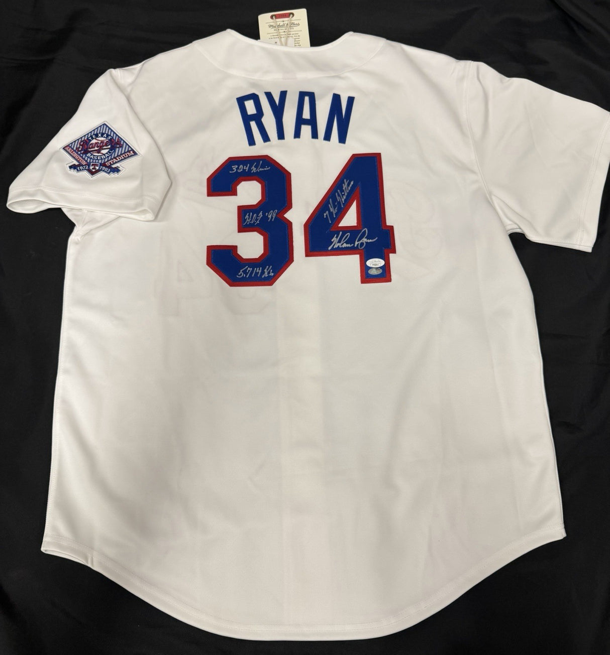 Nolan Ryan HOF 99 Signed Authentic Mitchell Ness Rangers Stat Jersey JSA LOA
