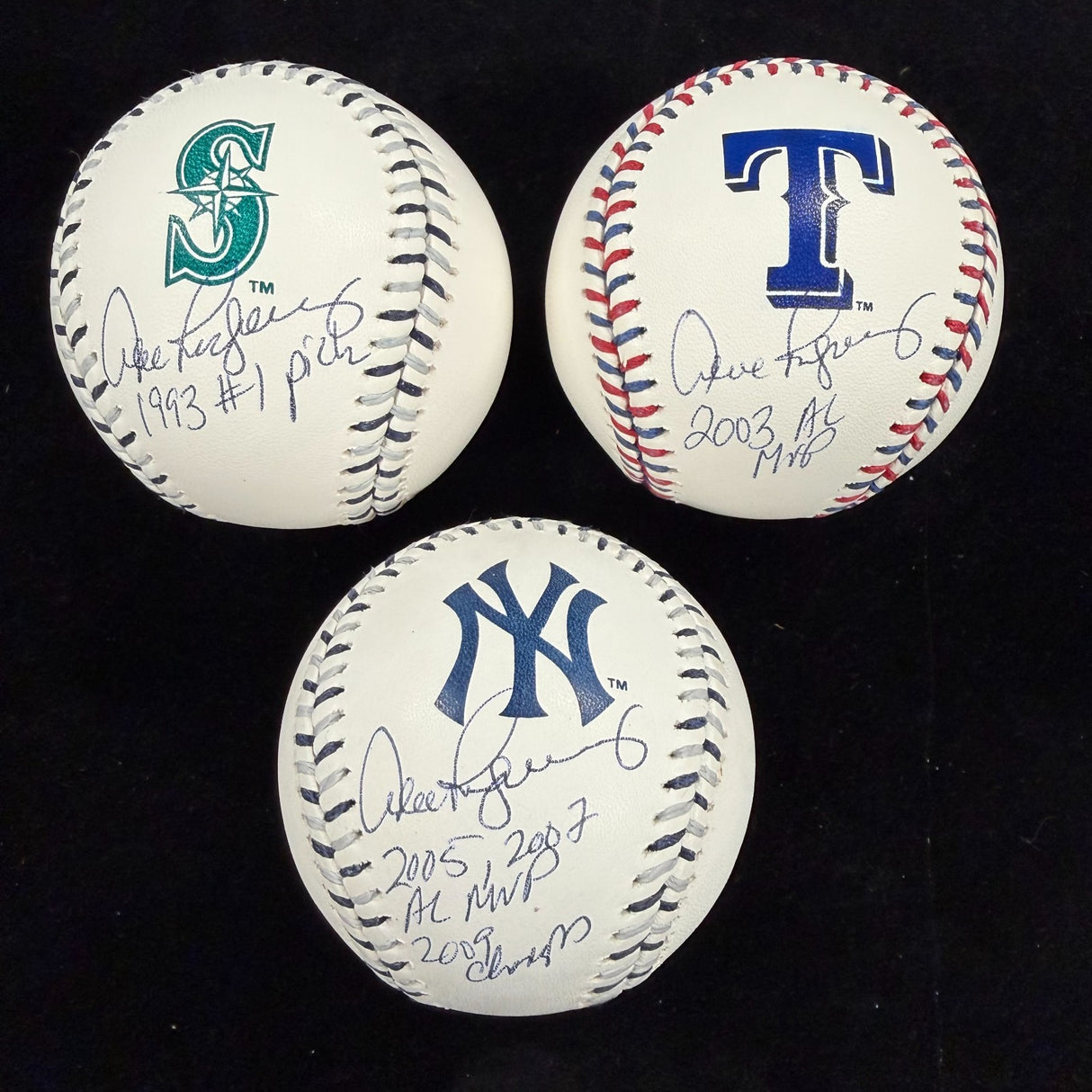 Alex Rodriguez Signed Mariners, Rangers, Yankees Team Stitch Baseball Set JSA