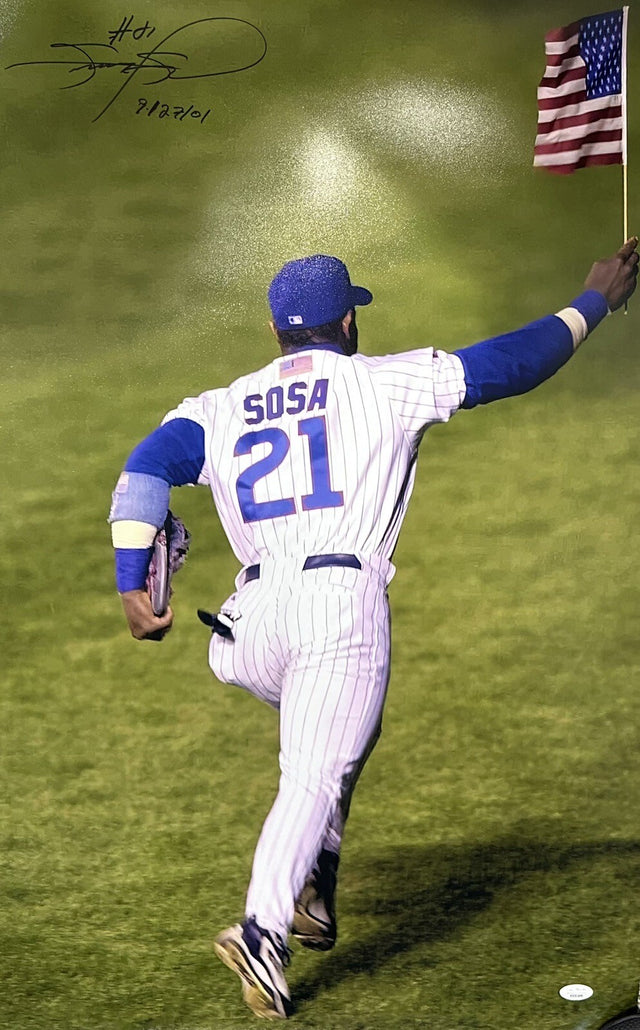 Sammy Sosa Signed American Flag Game 9/27/01 20x30 Photo JSA Witness Cubs 