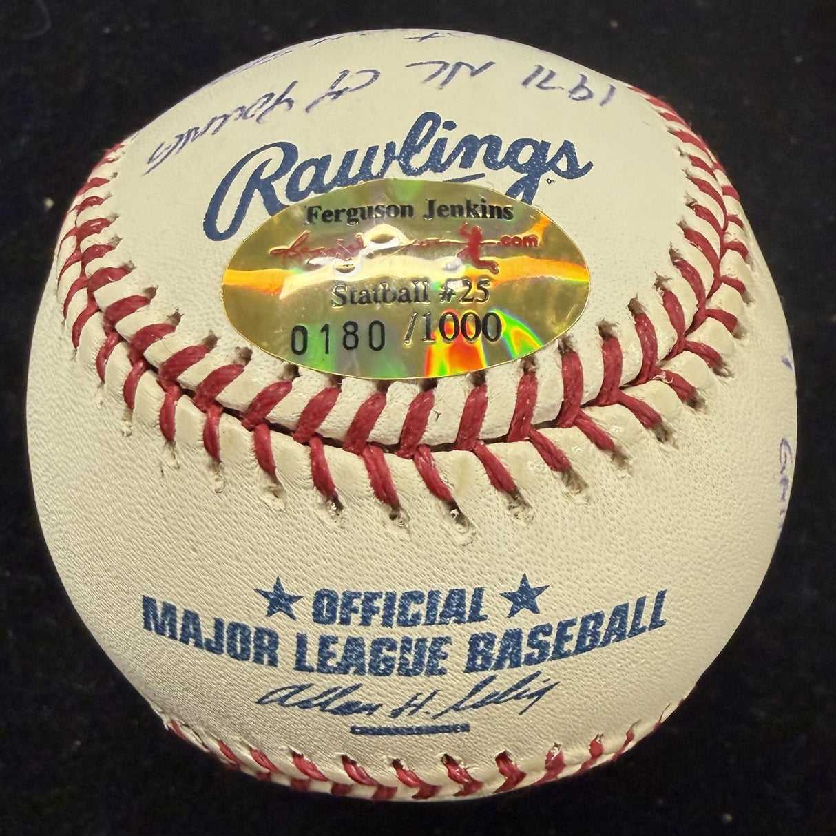 Fergie Jenkins Signed Reggie Jackson Stat Baseball Complete Box Bag Cert