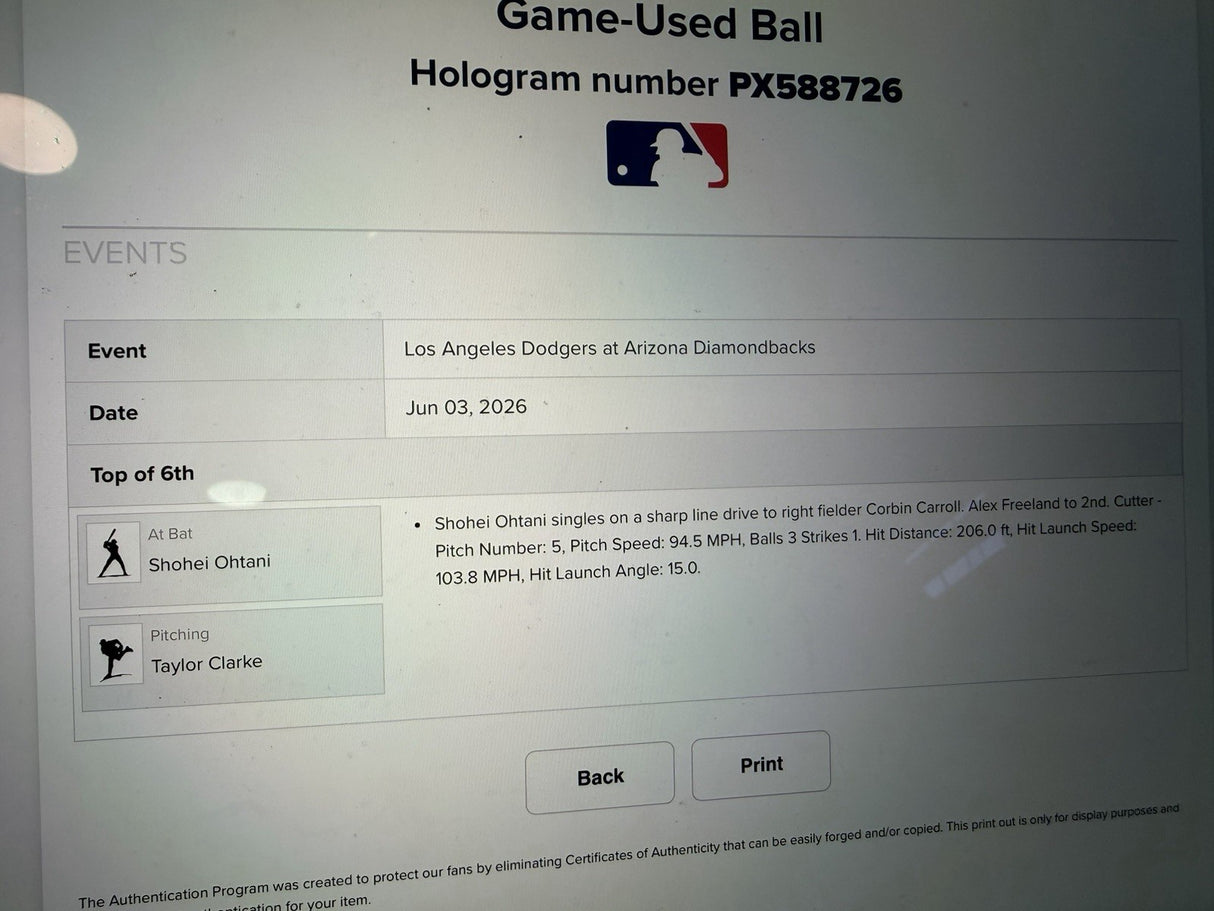 Shohei Ohtani Game Used Base Hit Single Baseball 6/3/26 MLB Holo