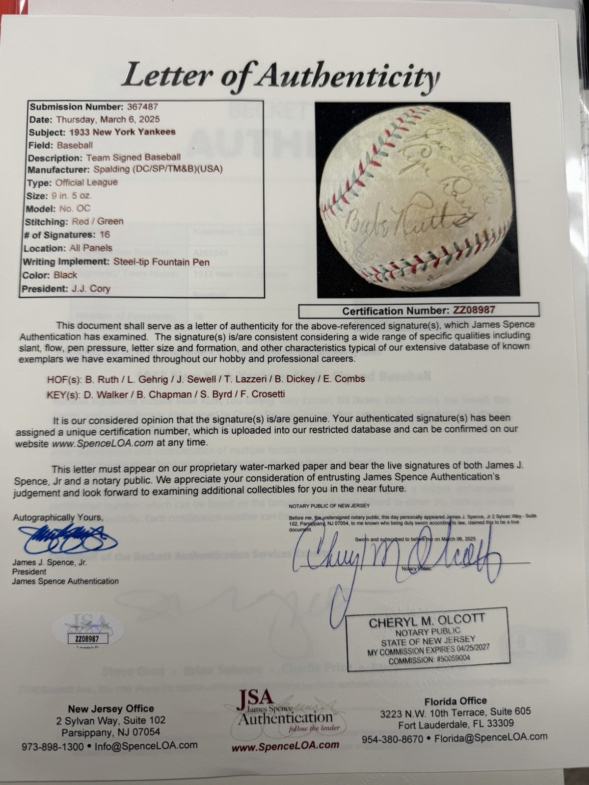 Babe Ruth Lou Gehrig 1933 New York Yankees Team Signed Baseball PSA JSA Beckett