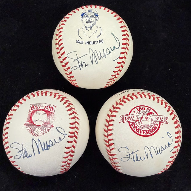 Stan Musial HOF Logos Cardinals Anniversary Logo Signed 3 Baseball Set JSA