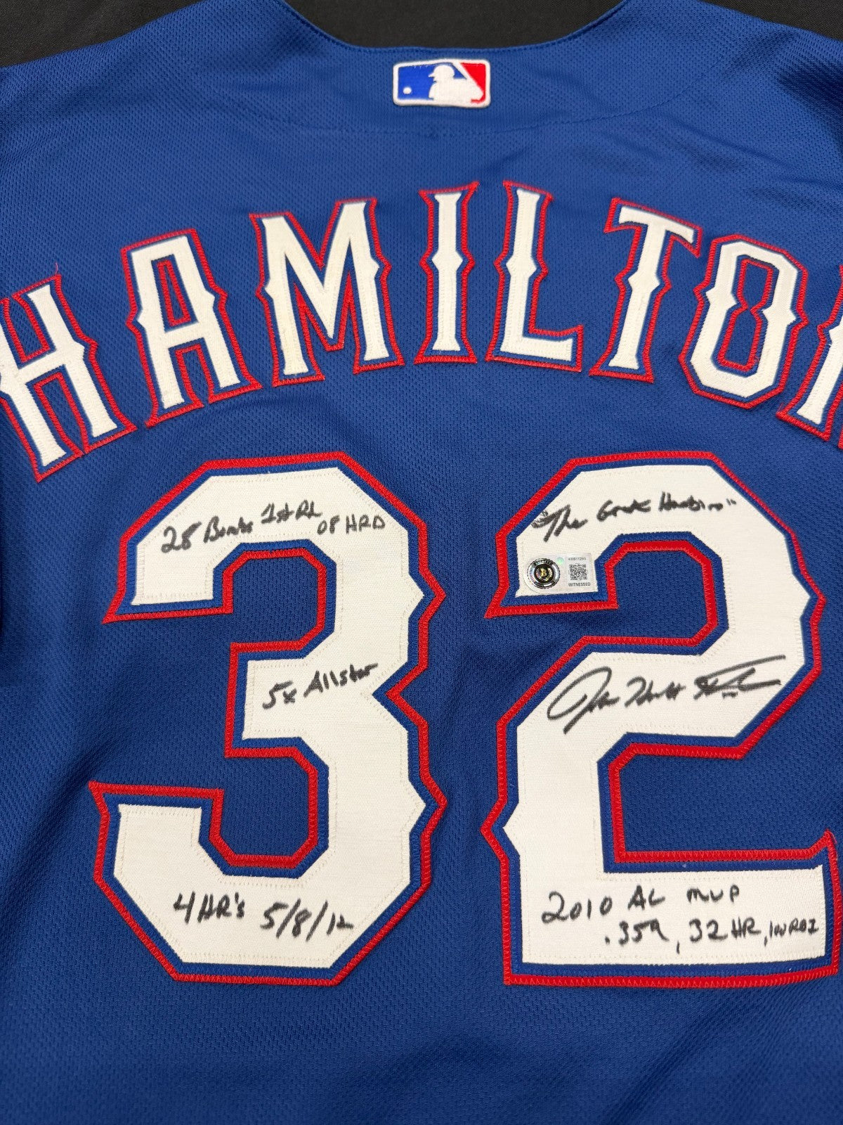 Josh Hamilton 10 AL MVP Signed Texas Rangers Authentic Blue Road Stat Jersey BAS