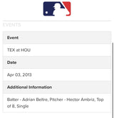 Adrian Beltre Game Used Career Hit 2,229 Baseball MLB Holo Astros Logo Rangers
