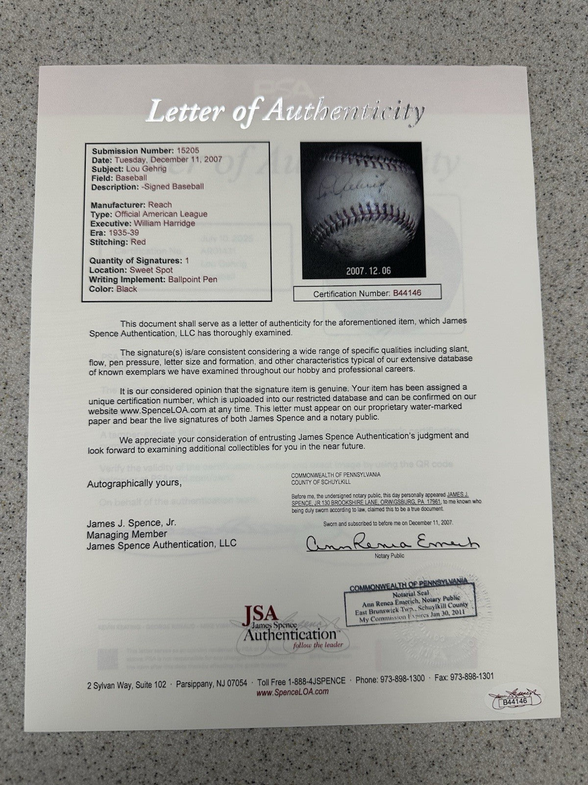 Lou Gehrig Single Signed OAL William Harridge Baseball JSA PSA Beckett LOA
