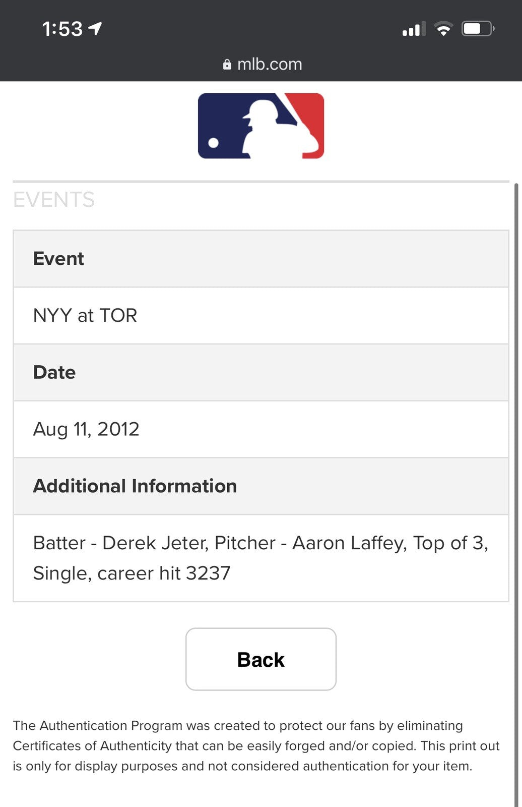 Derek Jeter Game Used Career Hit 3,237 Baseball MLB Holo Hologram Yankees