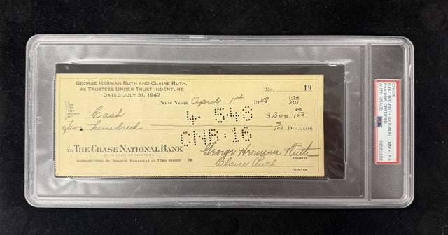 George Herman Babe Ruth Full Name Signed Bank Check PSA/DNA Graded 7.5