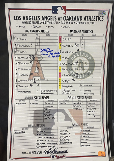Mike Trout Game Used Signed 9/17/13 Angels @ A’s Lineup Card MLB Holo
