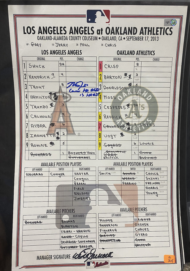 Mike Trout Game Used Signed 9/17/13 Angels @ A’s Lineup Card MLB Holo