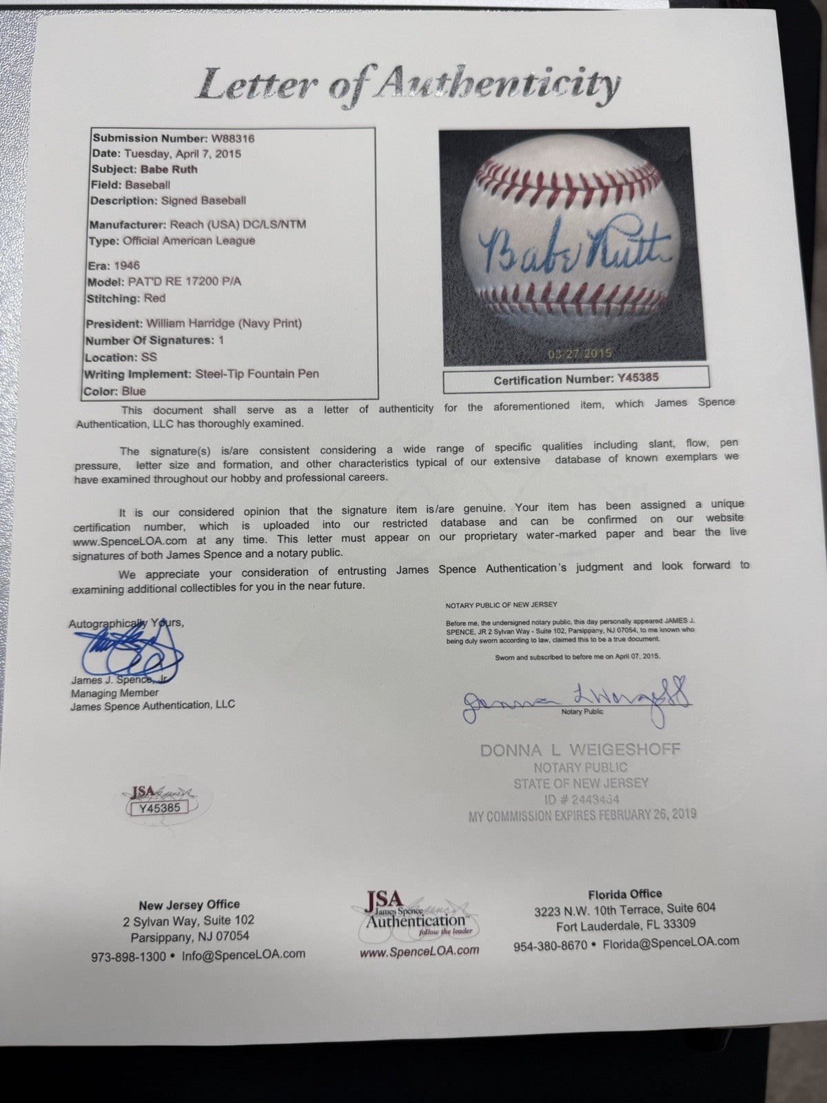 Babe Ruth Single Signed OAL Harridge Baseball JSA LOA PSA Graded 8 Signature