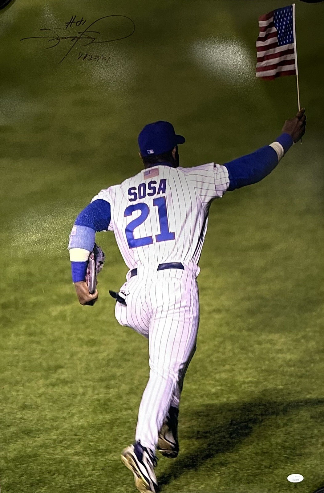 Sammy Sosa Signed American Flag Game 9/27/01 20x30 Photo JSA Witness Cubs 