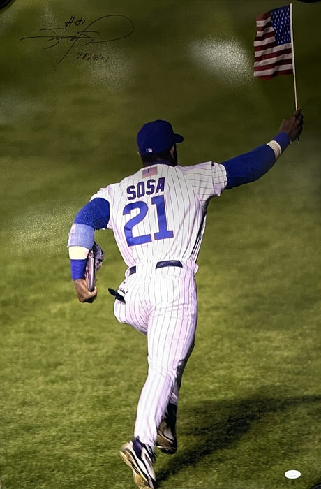 Sammy Sosa Signed American Flag Game 9/27/01 20x30 Photo JSA Witness Cubs 