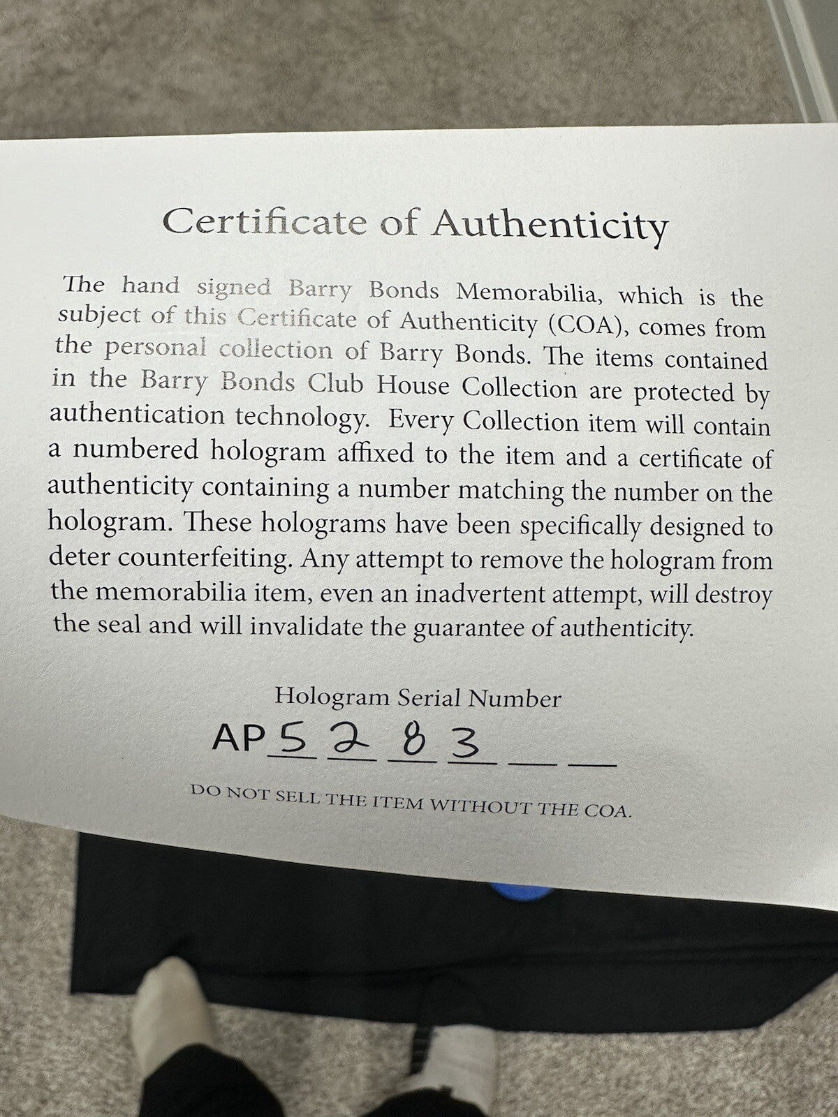 Barry Bonds #756 8-7-07 Signed 20x24 Photo Bonds Hologram & Signed Cert Card