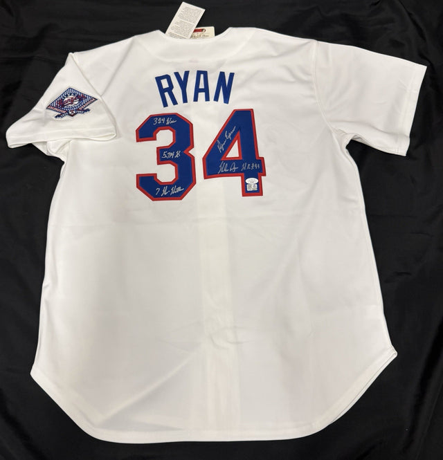 Nolan Ryan HOF 99 Signed Authentic Mitchell Ness Rangers Stat Jersey JSA LOA