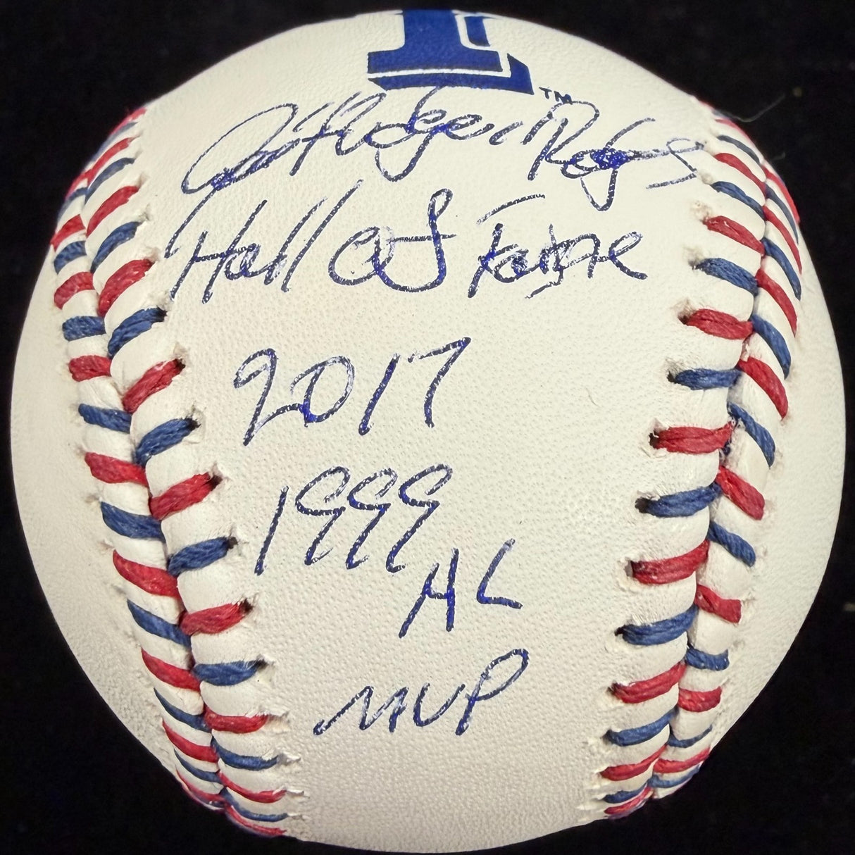 Ivan “Pudge” Rodriguez Signed Rangers Team Stitch Stat Baseball Beckett Witness 