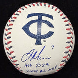 Joe Mauer HOF 24 09 AL MVP Signed Twins Team Stitch Logo Baseball Beckett Wit