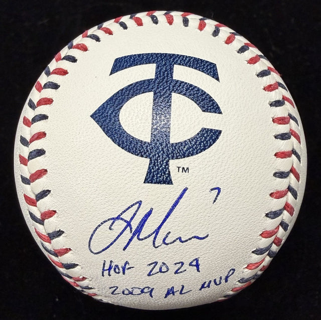 Joe Mauer HOF 24 09 AL MVP Signed Twins Team Stitch Logo Baseball Beckett Wit