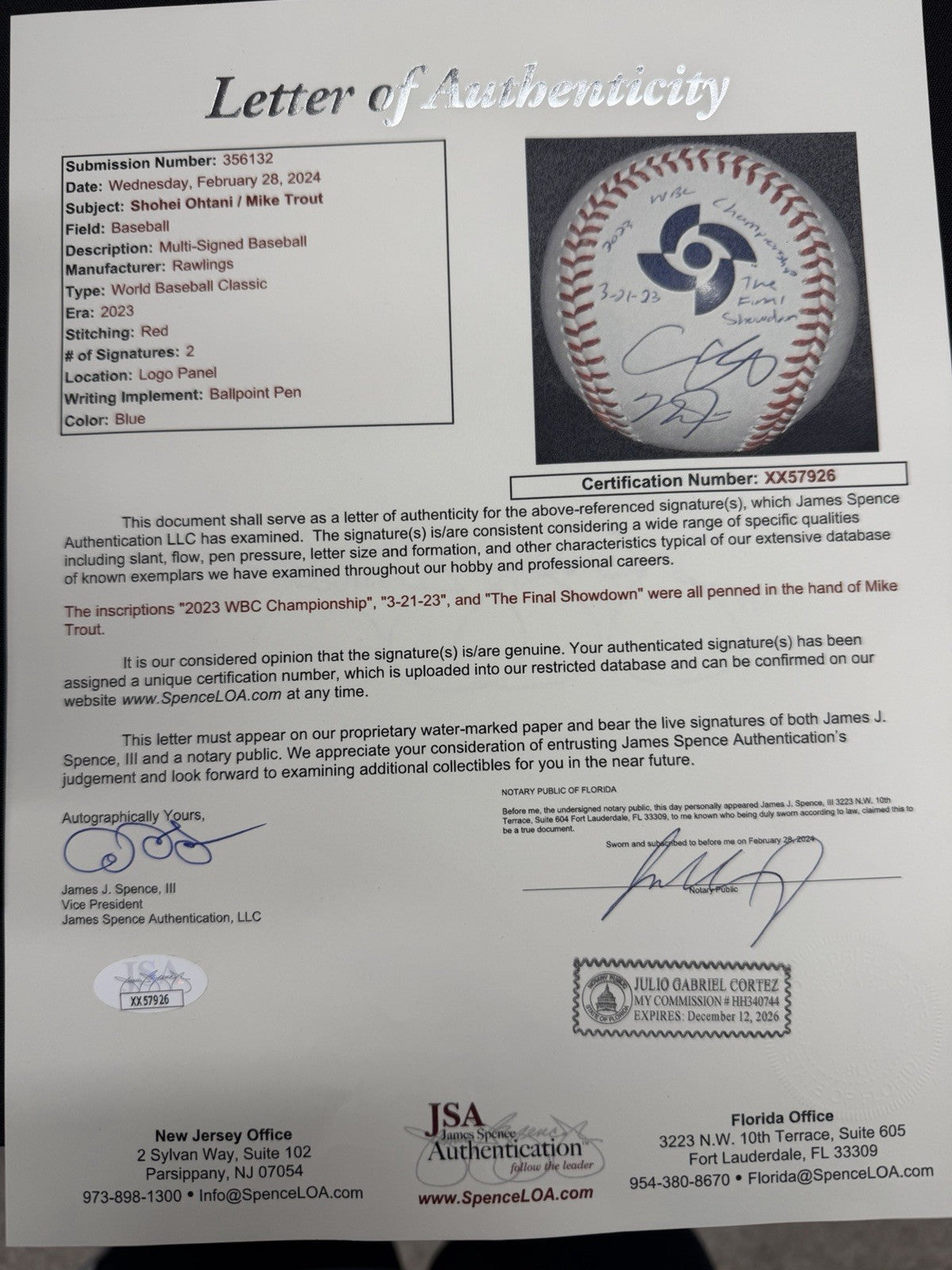 Shohei Ohtani Mike Trout Dual Signed 2023 WBC Logo Baseball MLB Holo Fanatic JSA