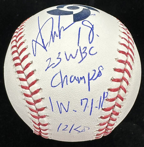 Yoshinobu Yamamoto 23 WBC Champs Signed 2023 WBC Logo Stat Baseball MLB Holo Fan