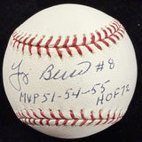 Yogi Berra MVP 51 54 55 HOF 72 #8 Signed Baseball JSA Holo Only 