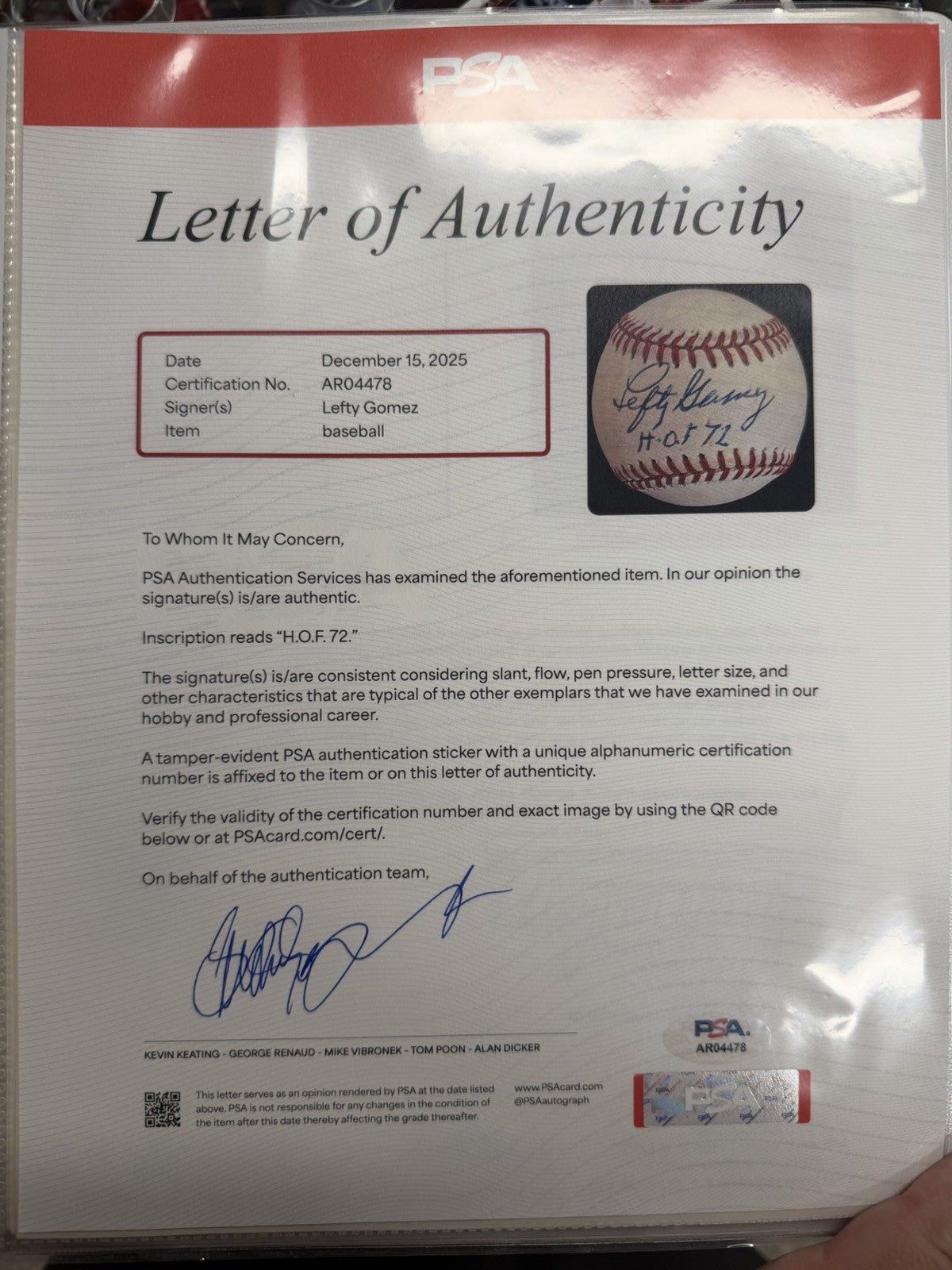 Lefty Gomez HOF 72 Signed Baseball PSA/DNA
