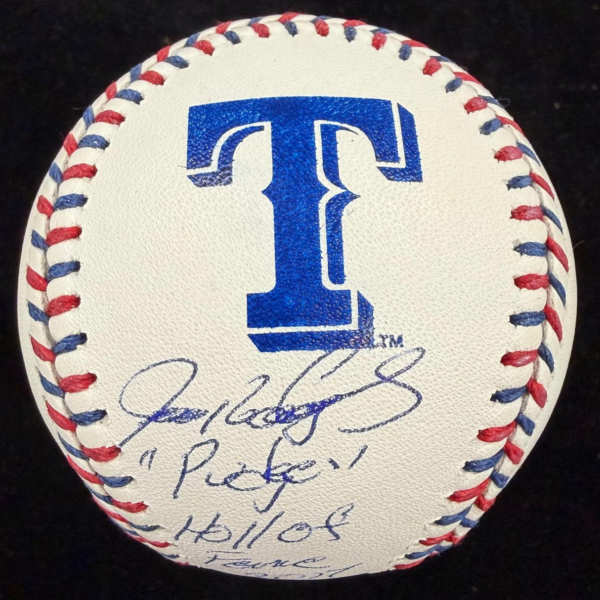 Ivan “Pudge” Rodriguez Signed Rangers Team Stitch Stat Baseball Beckett Witness 