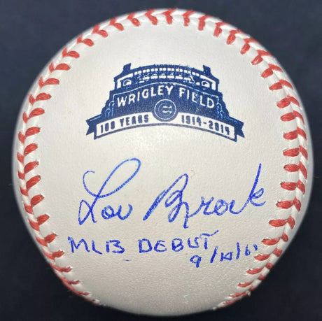 Lou Brock MLB Debut Signed Wrigley Field Logo Baseball JSA Witness Cubs