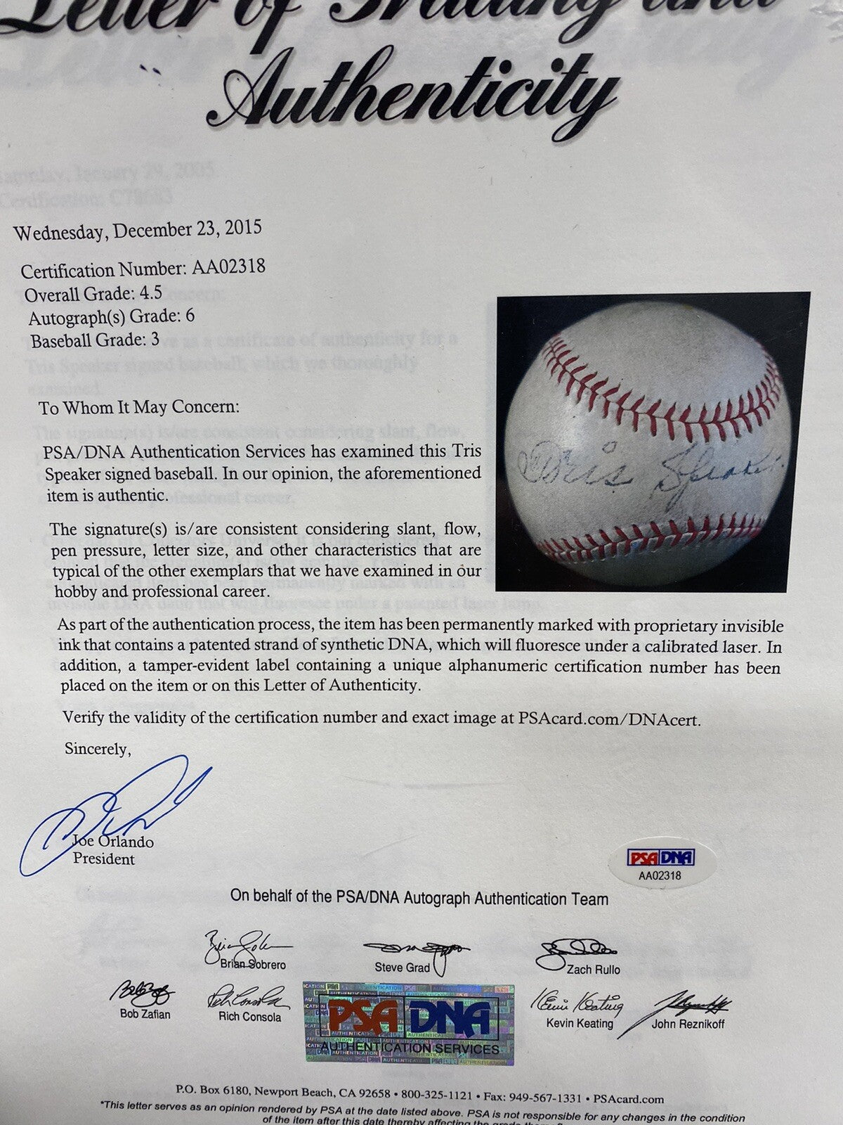 Tris Speaker Single Signed Official Harridge Reach Baseball JSA PSA/DNA Graded 6
