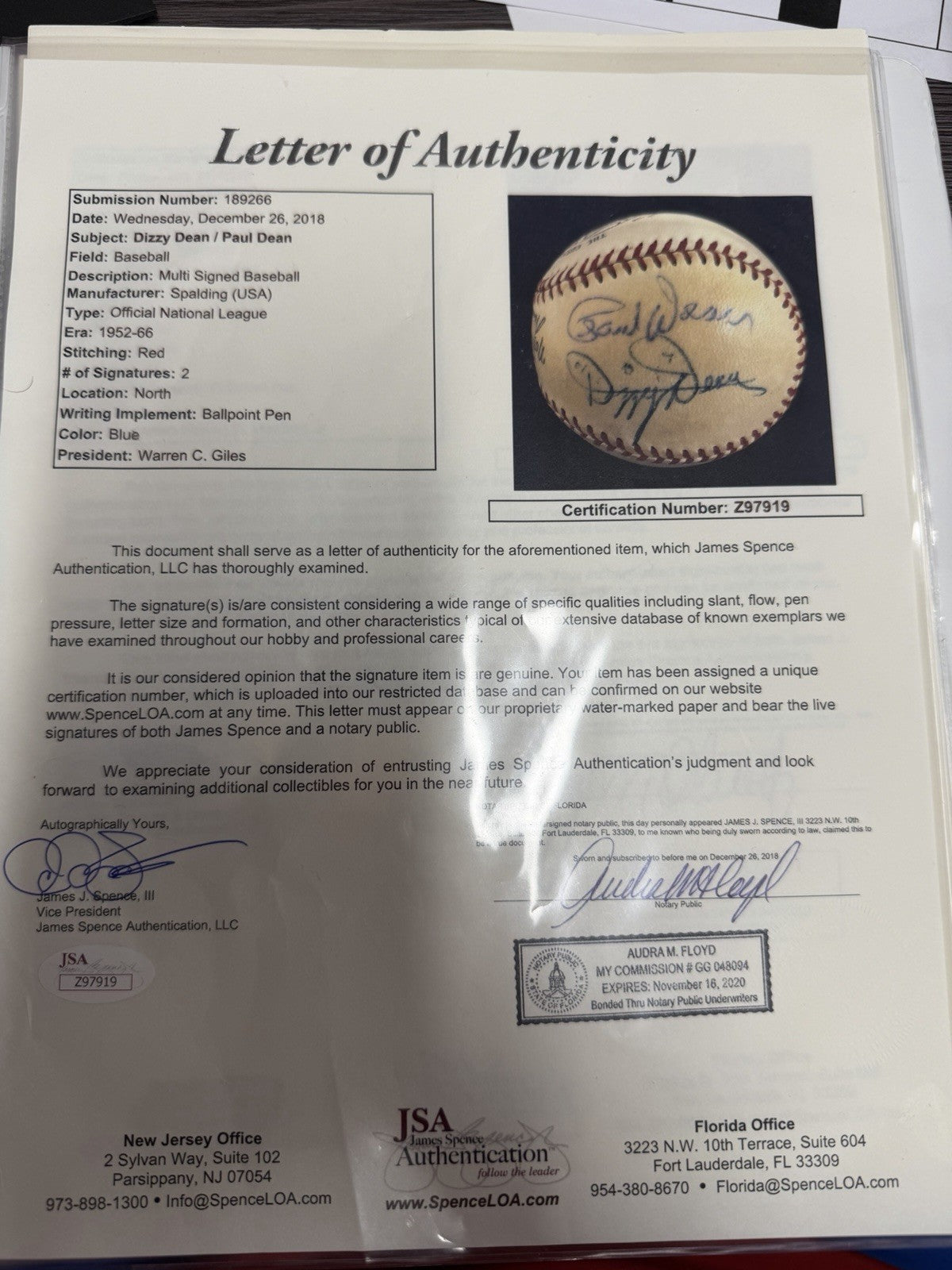 Dizzy Dean Paul Dean Dual Signed ONL Giles Baseball JSA LOA