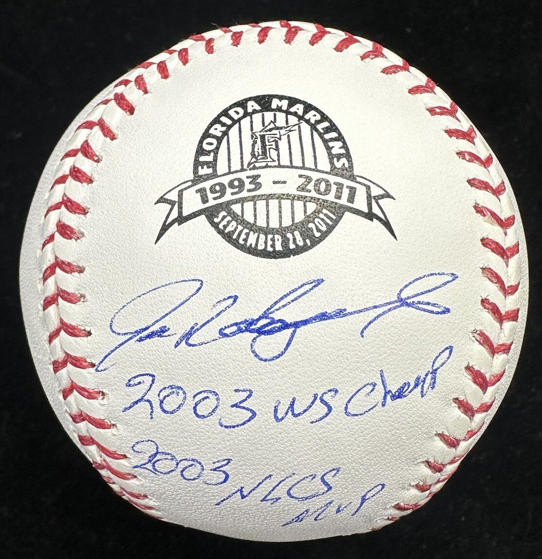 Ivan Rodriguez 2003 WS Champs Signed Florida Marlins Final Season Logo Baseball 
