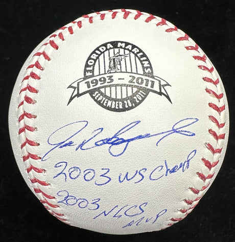 Ivan Rodriguez 2003 WS Champs Signed Florida Marlins Final Season Logo Baseball 