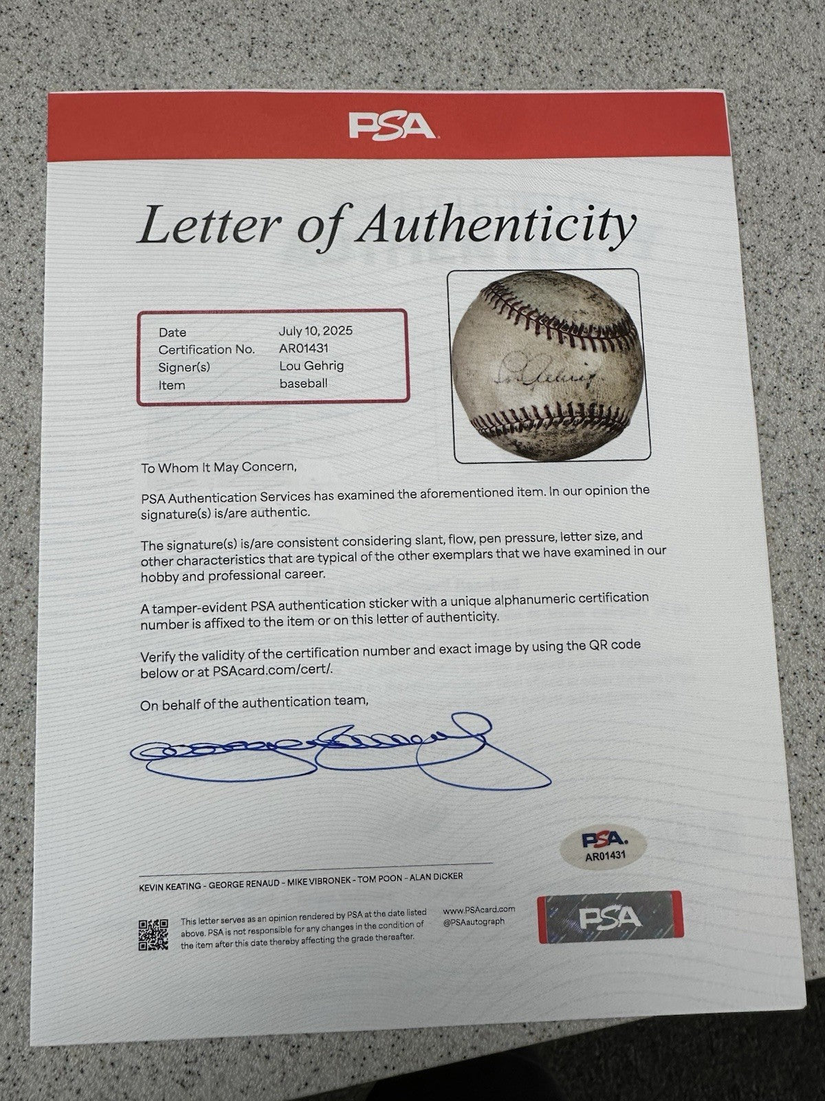 Lou Gehrig Single Signed OAL William Harridge Baseball JSA PSA Beckett LOA