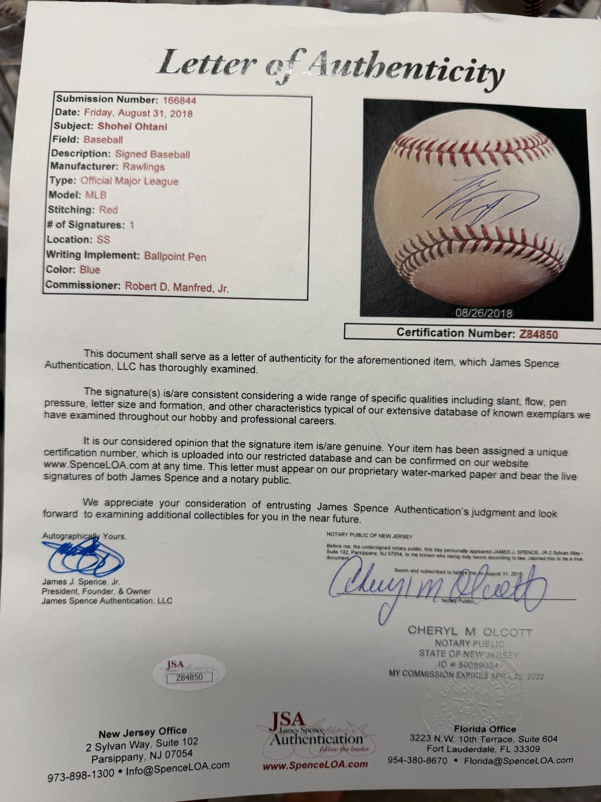 Shohei Ohtani Signed 2018 Rookie Signature Baseball JSA LOA